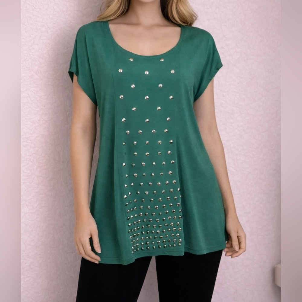 SLINKY BRAND 1990s Green Studded Scoop Neck Short Sleeve Top